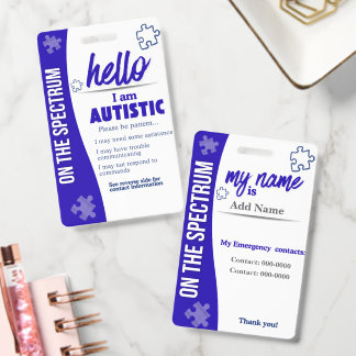 I Have Autism ID Personalized Autistic Name Badge Ausweis