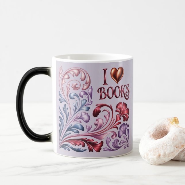 I Heart Books Art Nouveau Lavender Mug Verwandlungstasse (Mit Donut)