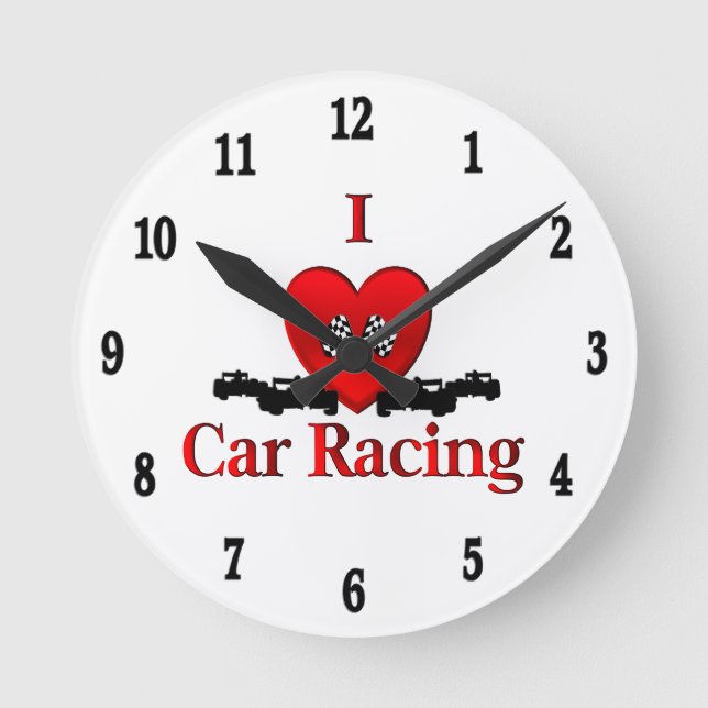 I Heart Car Racing Black Numbers Runde Wanduhr (Vorderseite)