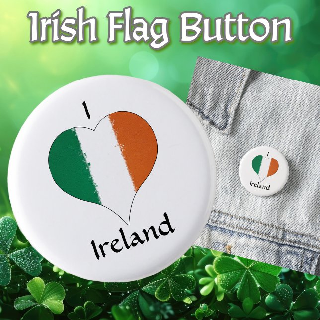 I Heart Ireland Irish Tricolor Flag Button (Irish Tricolor Flag in the Shape of a Heart 'I Heart Ireland')