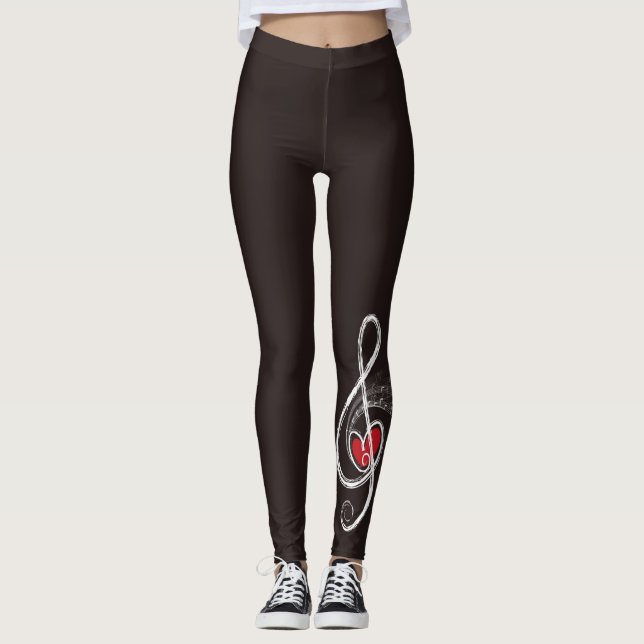 I HEART Music Treble Clef Black Red White Leggings (Vorderseite)