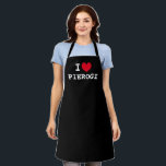 I heart pierogi | Funny custom black kitchen Schür Schürze<br><div class="desc">I heart pierogi | Funny Custom Black Küche Schürze für Damen und Herren. Individualisierbare Vorlage für die Liebe GRILLEN Schürze in jeder Farbe. Niedliche Geschenkidee für polnische Freunde,  Familie,  Koch,  Koch,  Mama,  Papa etc.</div>