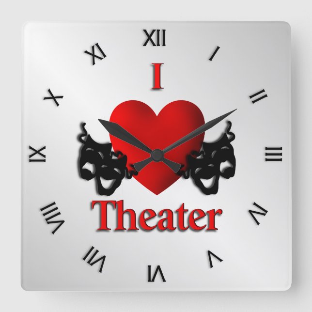 I Heart Theater Roman Numerals Quadratische Wanduhr (Vorderseite)