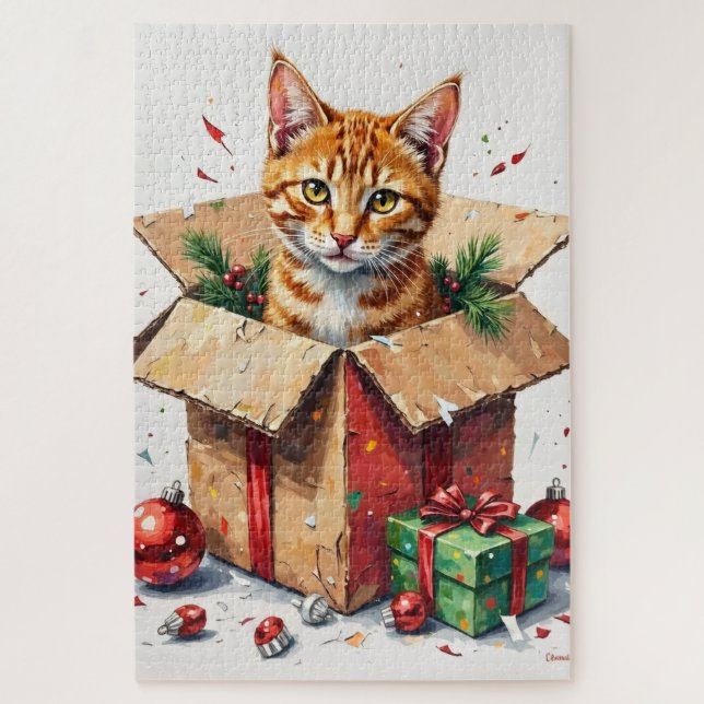 I Help Unpack! Funny Cat in Christmas Shipping Box Puzzle (Vertikal)