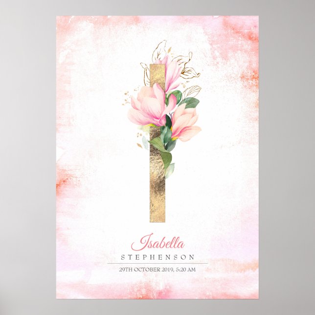 I Letter Monogram Gold Blätter Pink Magnolia Flora Poster (Vorne)