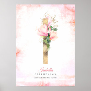I Letter Monogram Gold Blätter Pink Magnolia Flora Poster