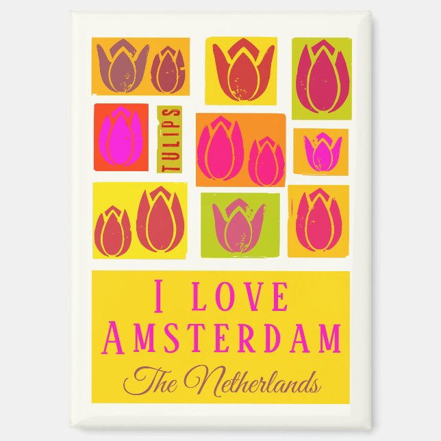 I Liebe Amsterdam farbige Tulpenmuster Magnet (Vorderseite)