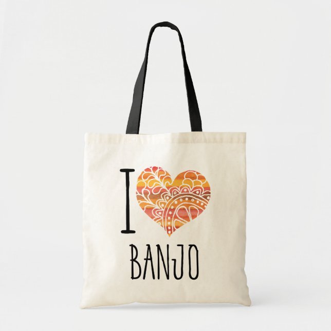 I Liebe Banjo Orange Mandala Herz Tragetasche (Vorne)