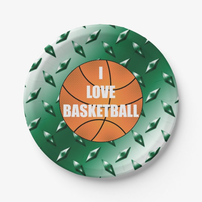 I Liebe Basketball-grüne Diamantblech Pappteller (Vorderseite)