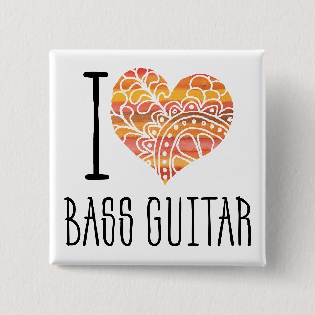 I Liebe Bass Guitar Orange Mandala Herz Button (Vorderseite)
