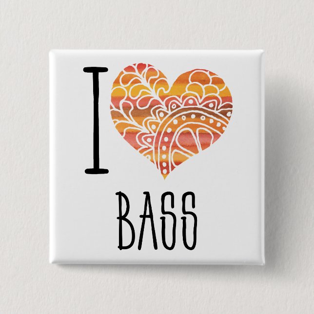 I Liebe Bass Orange Mandala Herz Button (Vorderseite)
