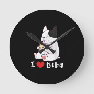 I Liebe Boba Bubble Tee Dog Cut Französisch Bulldo Runde Wanduhr