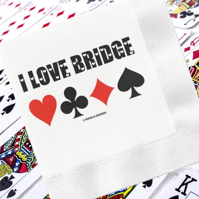 I Liebe Bridge Vier-Card-Anzug Serviette (Memorable paper napkin for any bridge-themed event. Napkin shows the 4 card suits & "I Love Bridge")