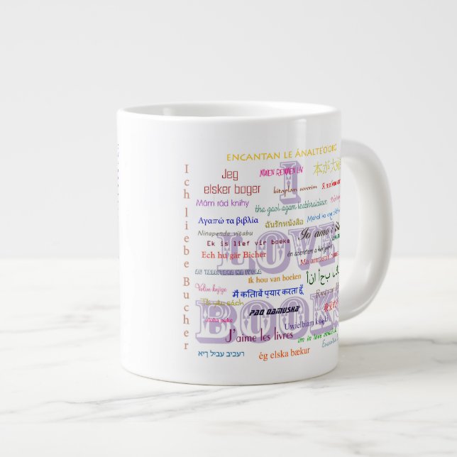 I Liebe Bücher in 40 Sprachen Jumbo Tasse (Vorderseite Rechts)