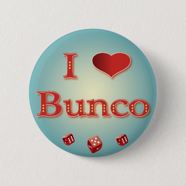 I Liebe Bunco im Rot mit roten Würfeln Button (Vorderseite)