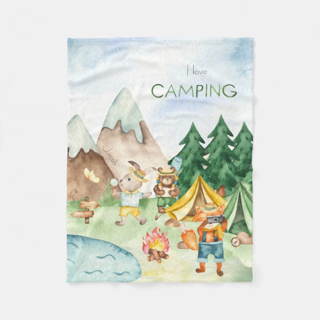 I Liebe Camping Woodland Animal Kids Aquarell Fleecedecke (Vorderseite)