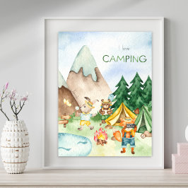 I Liebe Camping Woodland Animal Kids Aquarell Poster