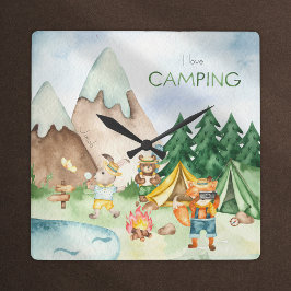 I Liebe Camping Woodland Animal Kids Aquarell Quadratische Wanduhr