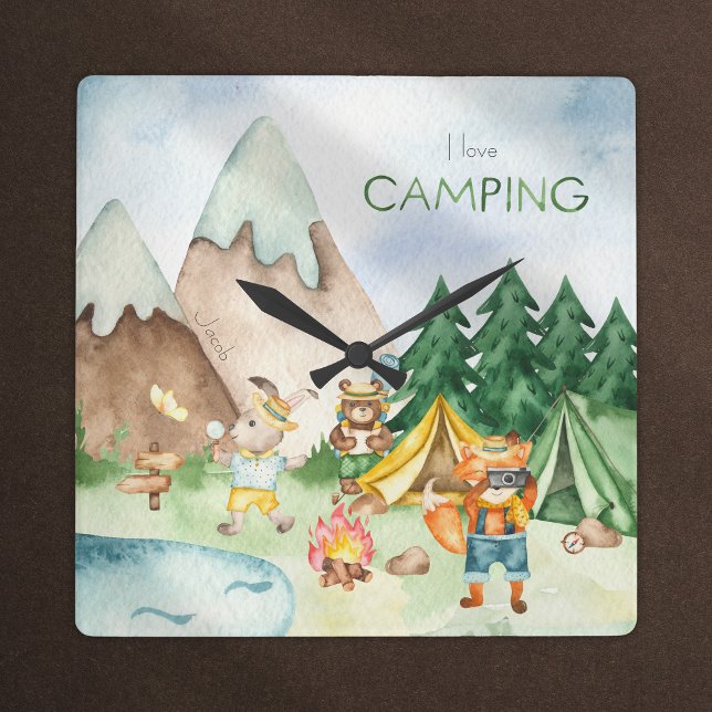I Liebe Camping Woodland Animal Kids Aquarell Quadratische Wanduhr (Von Creator hochgeladen)
