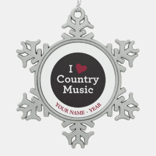 I Liebe-Countrymusik Schneeflocken Zinn-Ornament