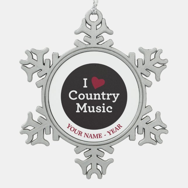 I Liebe-Countrymusik Schneeflocken Zinn-Ornament (Vorderseite)