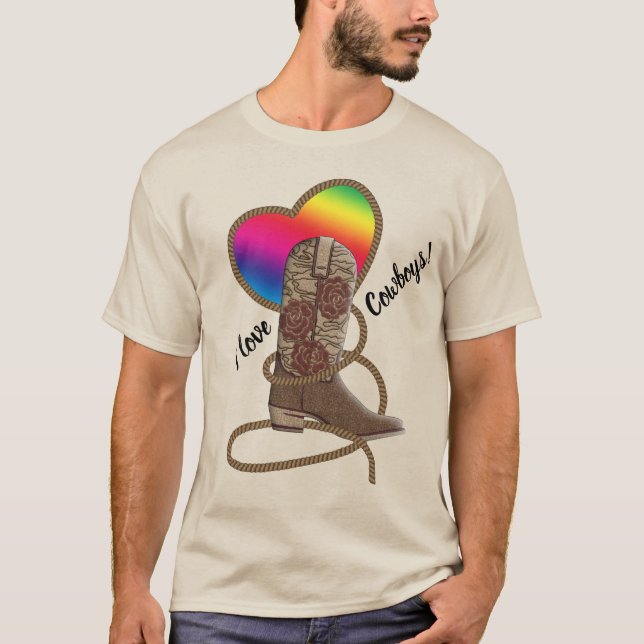I Liebe Cowboys Gay Pride Rainbow Heart T-Shirt (Vorderseite)