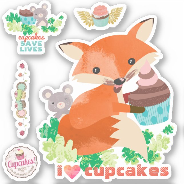 I Liebe cupcakes niedlich Maus Fuchs Zuckerguss Ge Aufkleber (Vorderseite)