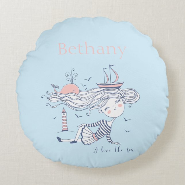 I Liebe der See Whimsical Nautical Personalisiert Rundes Kissen (Vorderseite)