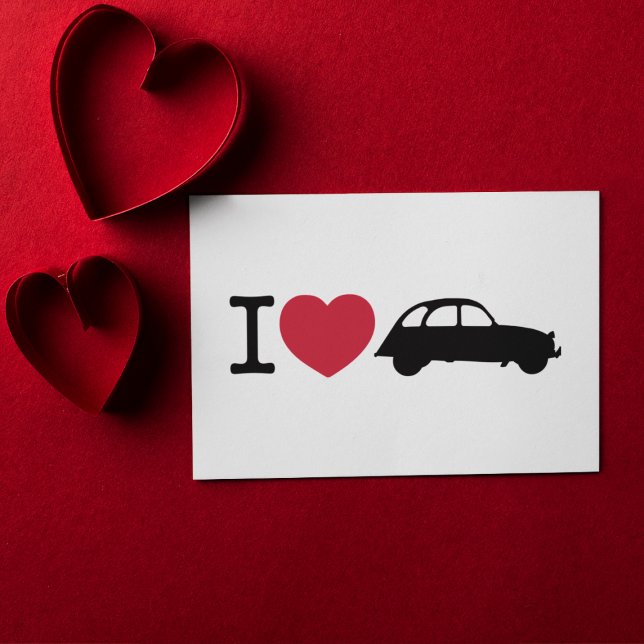 I Liebe Deux Chevaux Alte Timer Car Postkarte (I love 2CV Sticker in White with a Black Typography and Illustration)