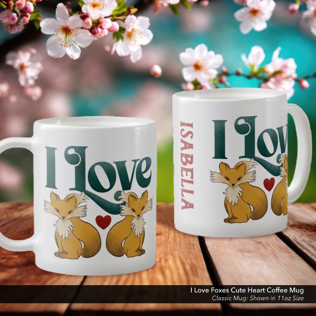 I Liebe Füchse Niedliches Herz Kaffeetasse ("I Love Foxes" Personalized Coffee Mug with Whimsical Hand Drawn Fox Artwork.
)