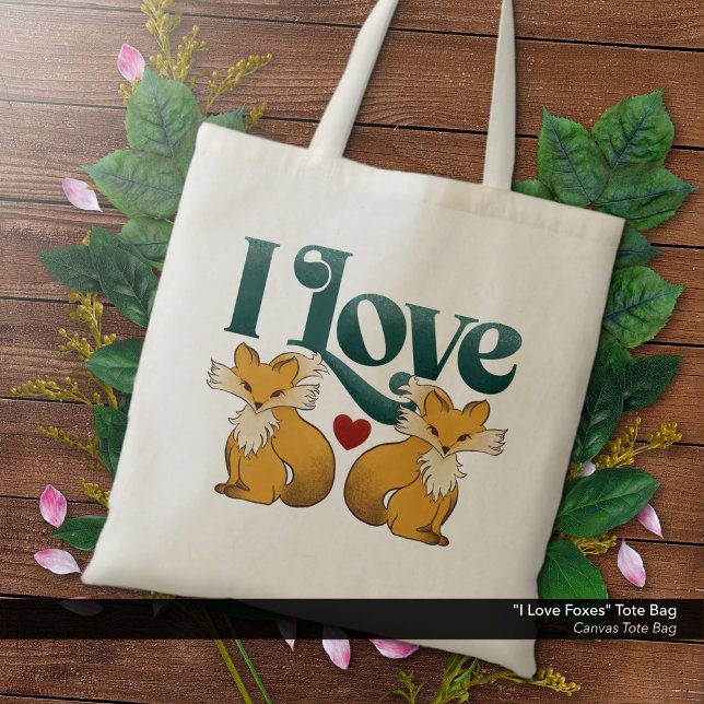 I Liebe Füchse Niedliches Herz Tragetasche ("I Love Foxes" -  Canvas Tote Bag with Cute Foxes and Heart Artwork.)
