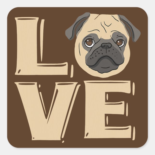 I Liebe Funny Mops Quadratischer Aufkleber (Vorderseite)