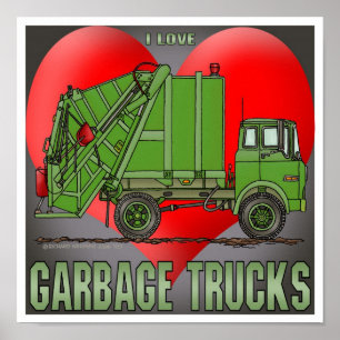 I Liebe Garbage Trucks Grüntöne Poster Print