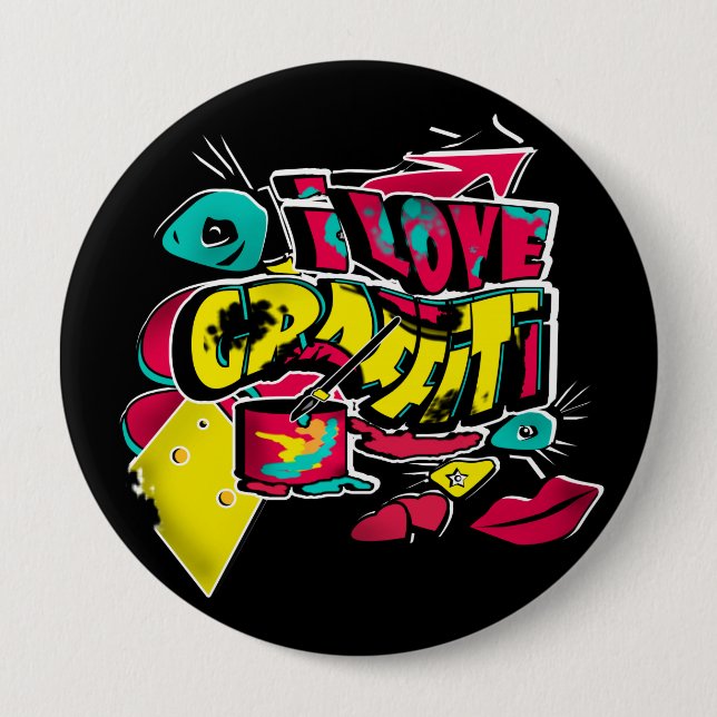 I Liebe Graffiti Lips Augen Eimer Farbe rot gelb Button (Vorderseite)