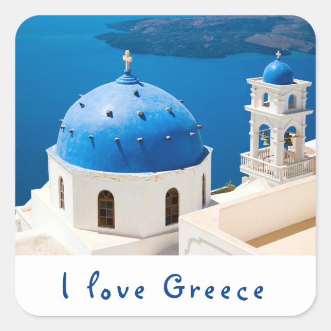 I Liebe Griechenland Kirche Santorini blaues Foto  Quadratischer Aufkleber (Vorderseite)