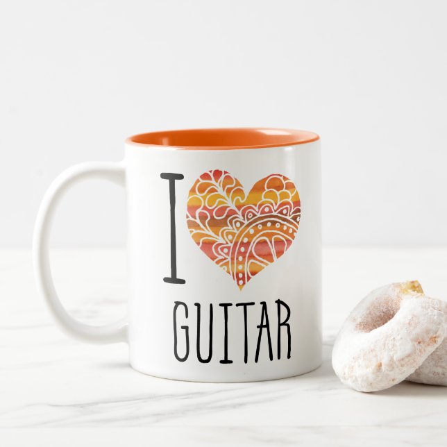 I Liebe Guitar Orange Mandala Herz Zweifarbige Tasse (Mit Donut)