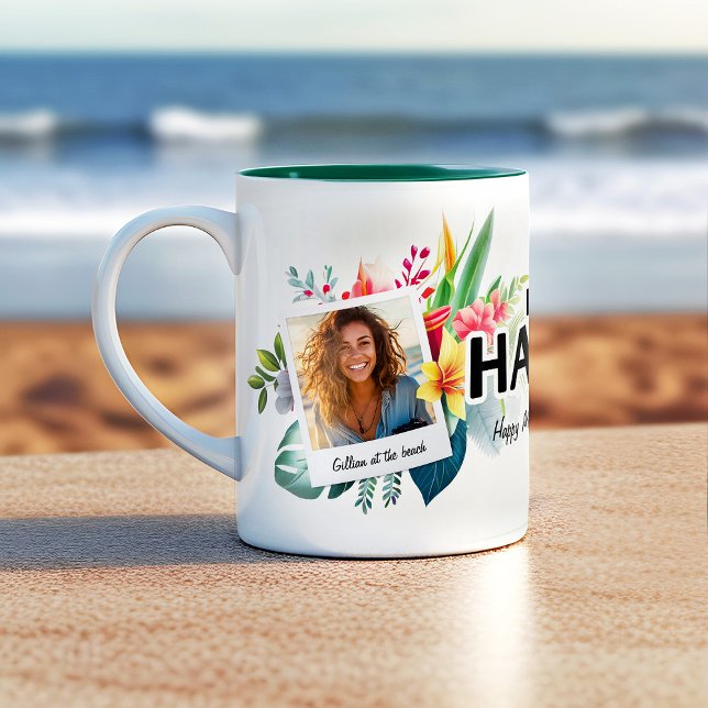 I Liebe Hawaii Tropical Theme Foto Collage Kaffee Zweifarbige Tasse (Start your day with our Tropical Flowers I Love Hawaii Coffee Mug. Add your photos and text.)