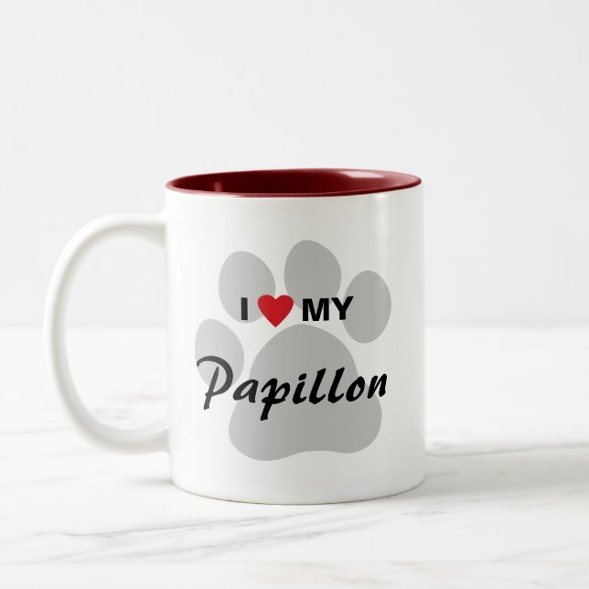 I Liebe (Herz) mein Papillon Pawprint Zweifarbige Tasse (Links)
