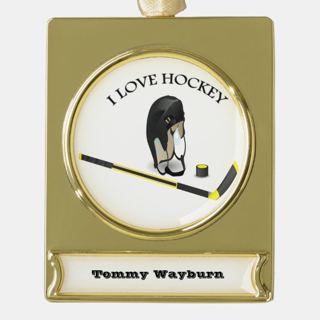 I Liebe Hockey Custom Design mit Stock und Helm Banner-Ornament Gold (Vorderseite)