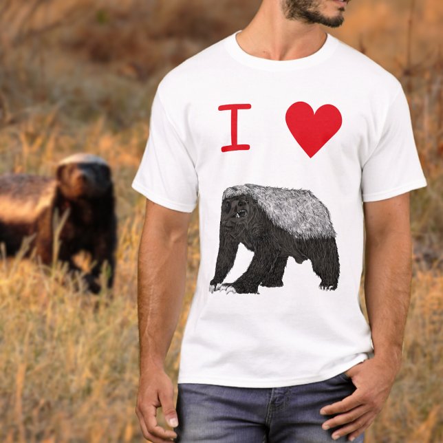 I Liebe Honey Badgers Slogan T-Shirt (I love honey badgers Tshirts with badass honey badger illustration and red heart slogan)