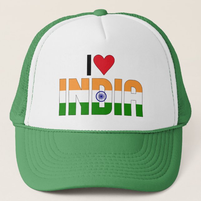 I Liebe Indien Inschriftenschrift Flag Safran Gree Truckerkappe (Vorderseite)