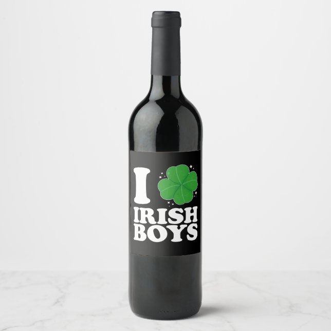 I Liebe Irish Boys Kleeblatt Heart St Patrick's Da Weinetikett (Vorderseite)