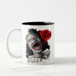 I Liebe-Kaffee-verrückter lachender Zombie-Clown Zweifarbige Tasse