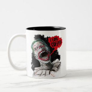 I Liebe-Kaffee-verrückter lachender Zombie-Clown Zweifarbige Tasse