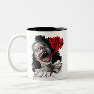 I Liebe-Kaffee-verrückter lachender Zombie-Clown Zweifarbige Tasse