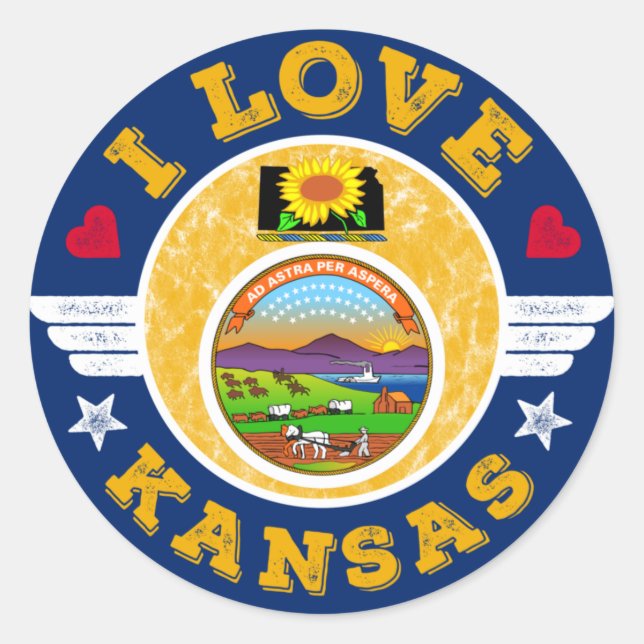 I Liebe Kansas Staat Karte und Flagge Runder Aufkleber (Vorderseite)