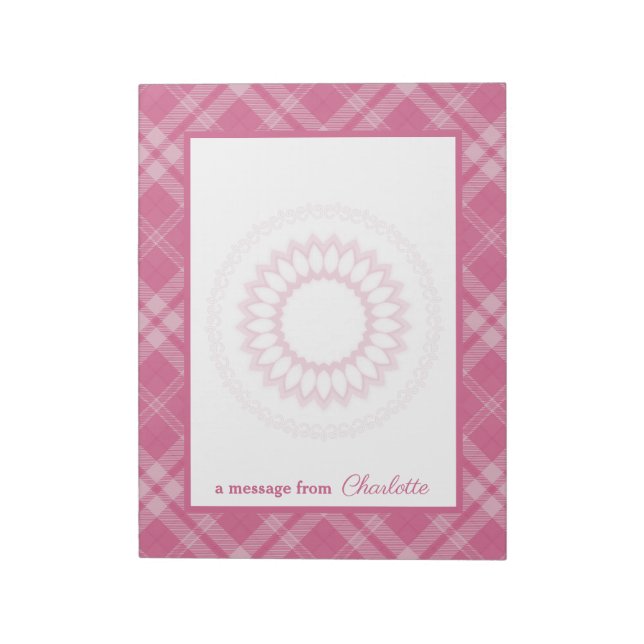 I Liebe Kariert Rosa Border & Blume Medallion Notizblock (Rotiert)