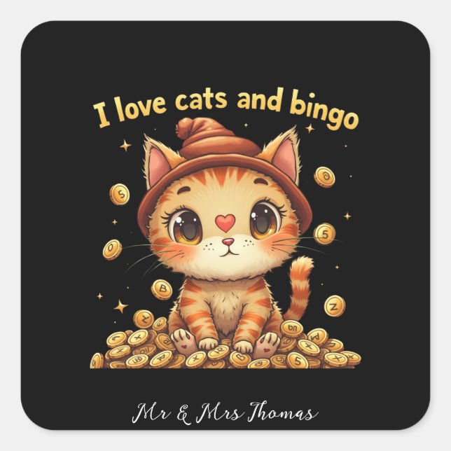 I Liebe Katzen und Bingo Perfect Combo Bingo Liebe Quadratischer Aufkleber (Vorderseite)