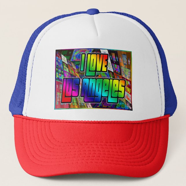 I LIEBE Los Angeles Drehung Hat Truckerkappe (Vorderseite)