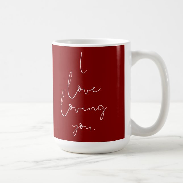 "I Liebe love you" Handgeschriebenes Weiß auf Rot Kaffeetasse (Rechts)